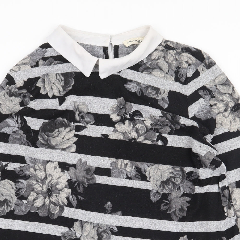 Monteau Womens Grey Striped Polyester Basic Blouse Size M Collared - Flowers