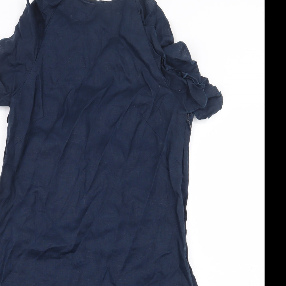 Mango Womens Blue Linen A-Line Size S Boat Neck Zip