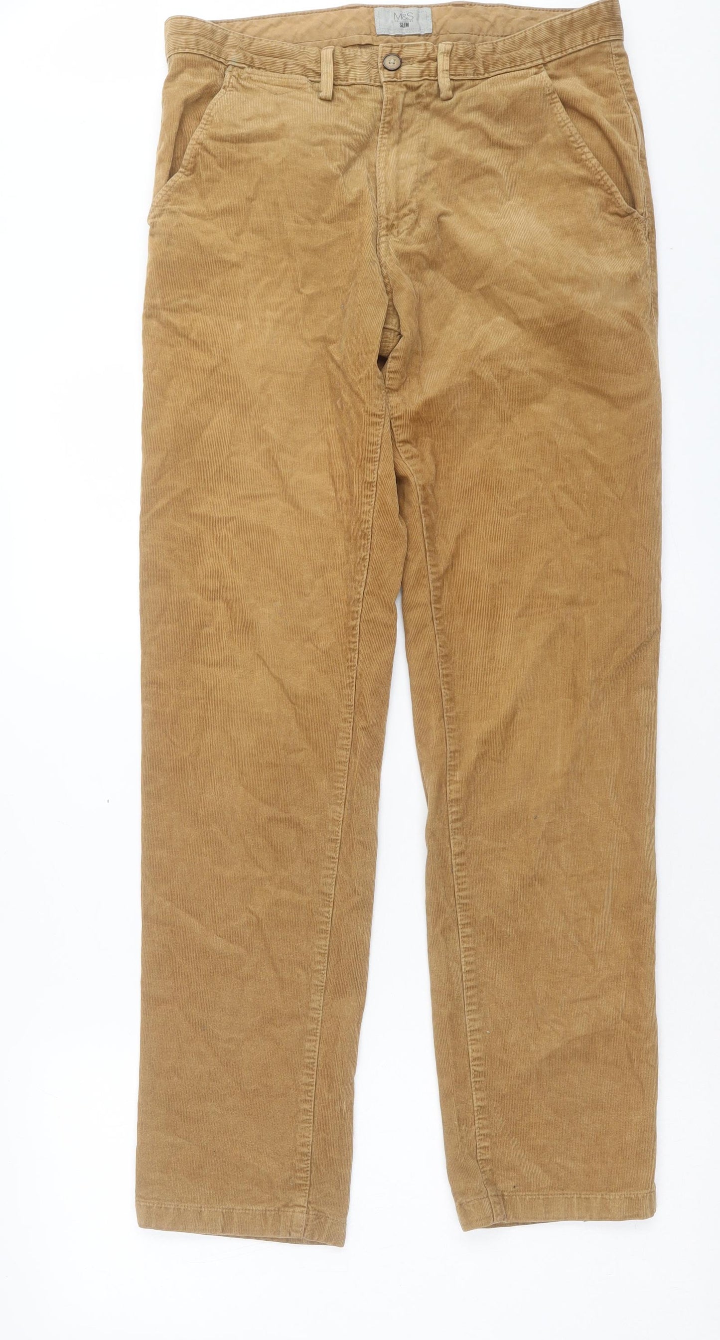 Marks and Spencer Mens Brown Cotton Trousers Size 30 in L33 in Slim Button