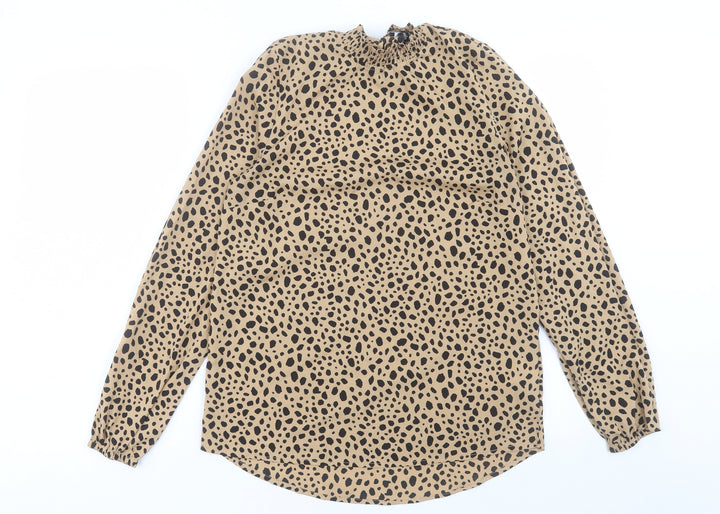New Look Womens Brown Animal Print Polyester Basic Blouse Size 12 High Neck - Leopard Print