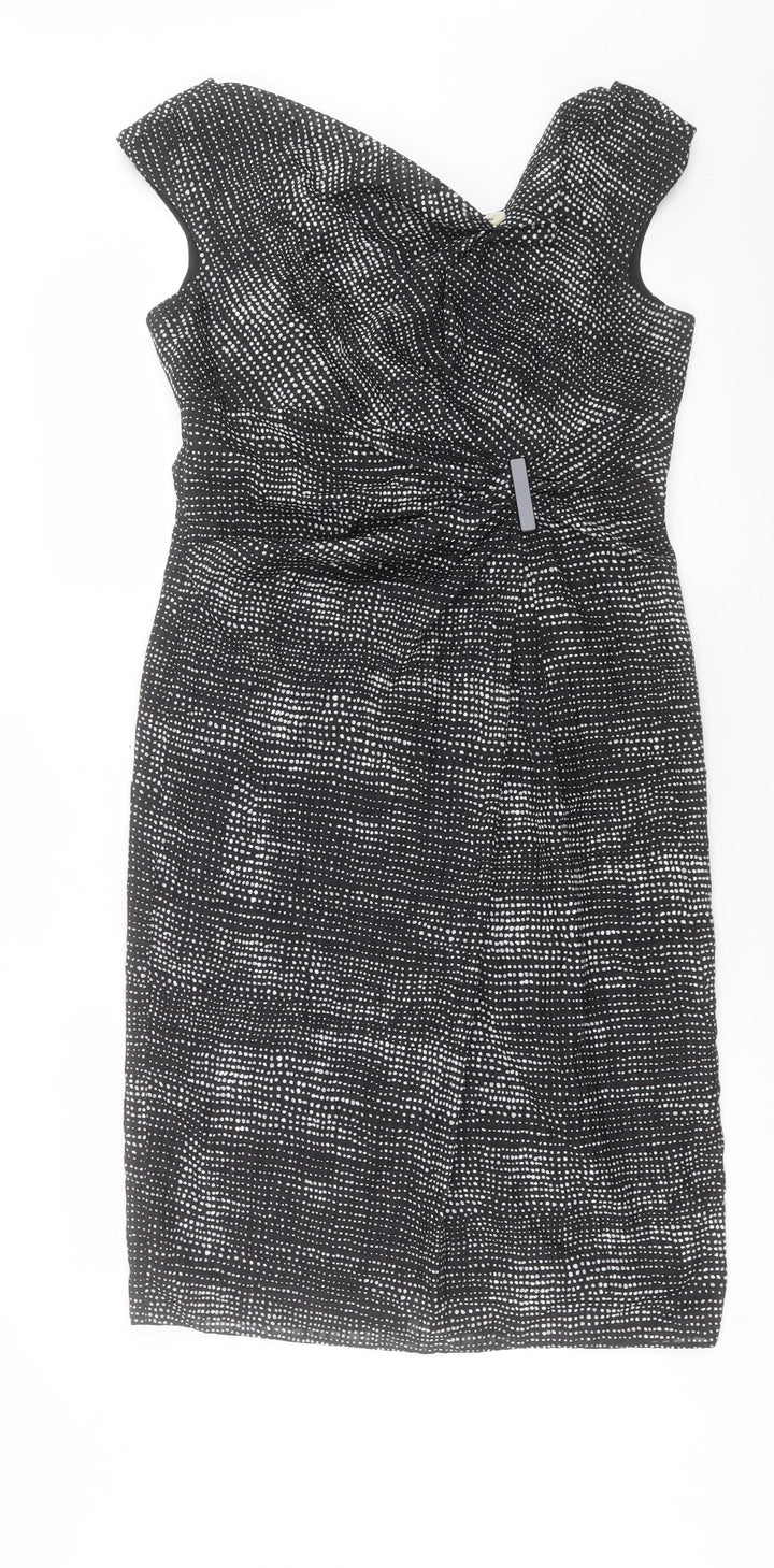 Gina Bacconi Womens Black Geometric Polyester Shift Size 12 Cowl Neck Zip
