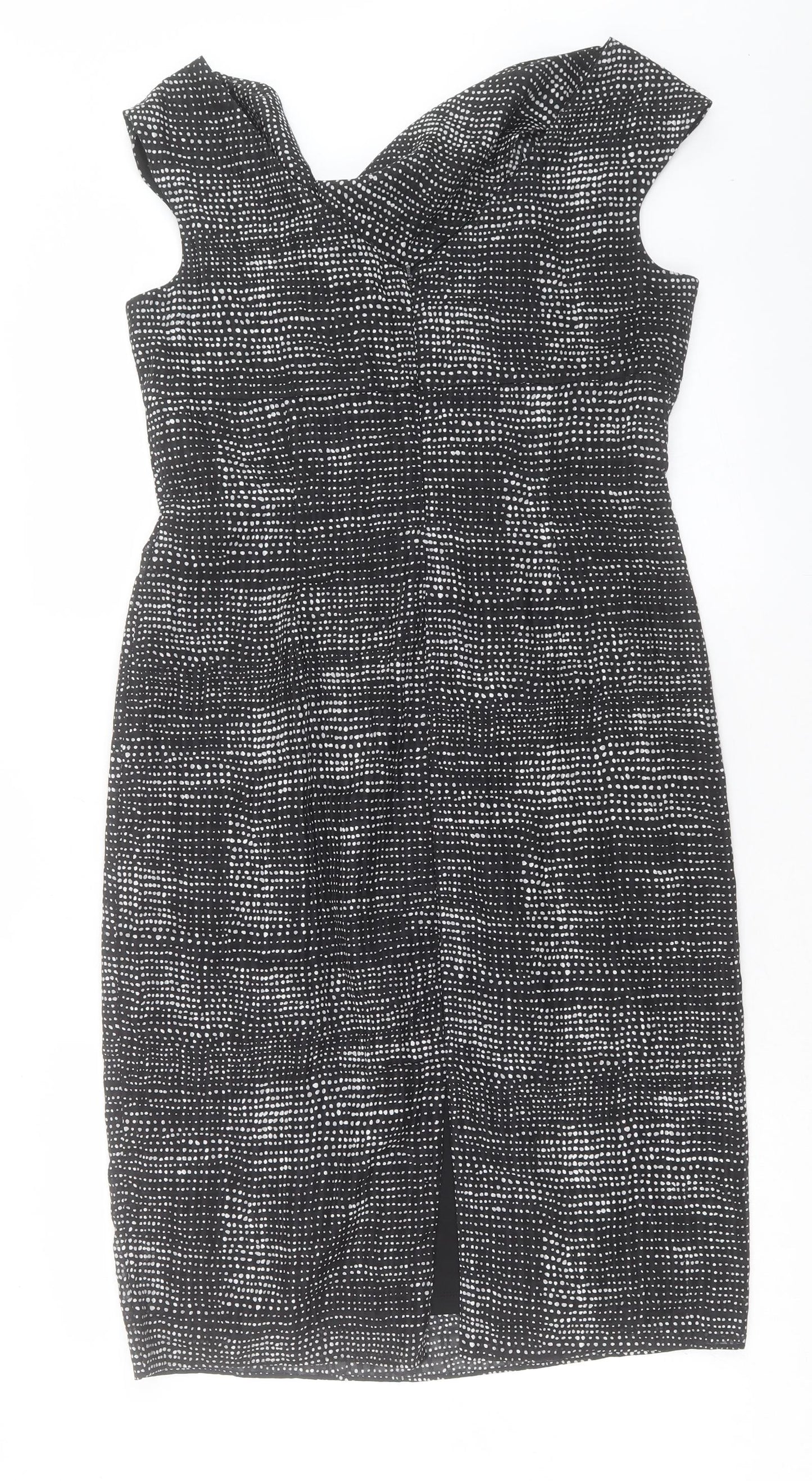 Gina Bacconi Womens Black Geometric Polyester Shift Size 12 Cowl Neck Zip