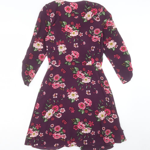Red Herring Womens Purple Floral Polyester Wrap Dress Size 8 V-Neck Button