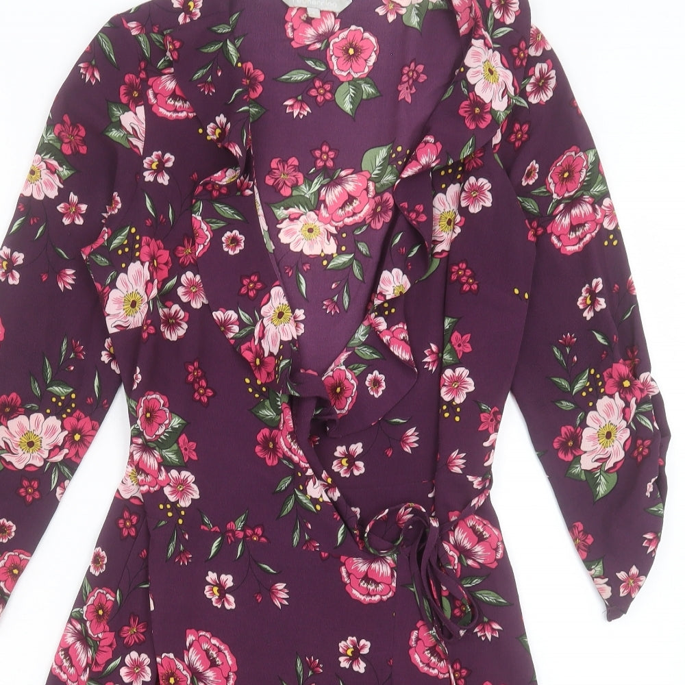 Red Herring Womens Purple Floral Polyester Wrap Dress Size 8 V-Neck Button