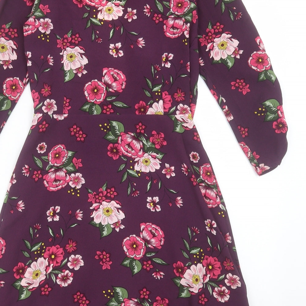 Red Herring Womens Purple Floral Polyester Wrap Dress Size 8 V-Neck Button