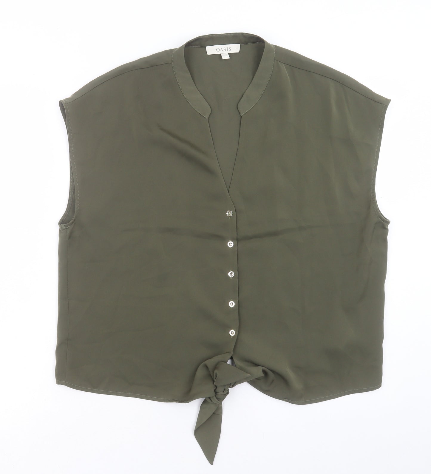 Oasis Womens Green Polyester Basic Button-Up Size 16 V-Neck - Tie At Front