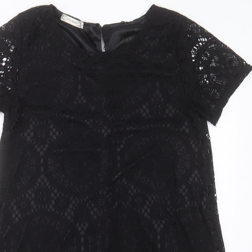 LUVA GIRL Womens Black Polyester A-Line Size L Boat Neck Button