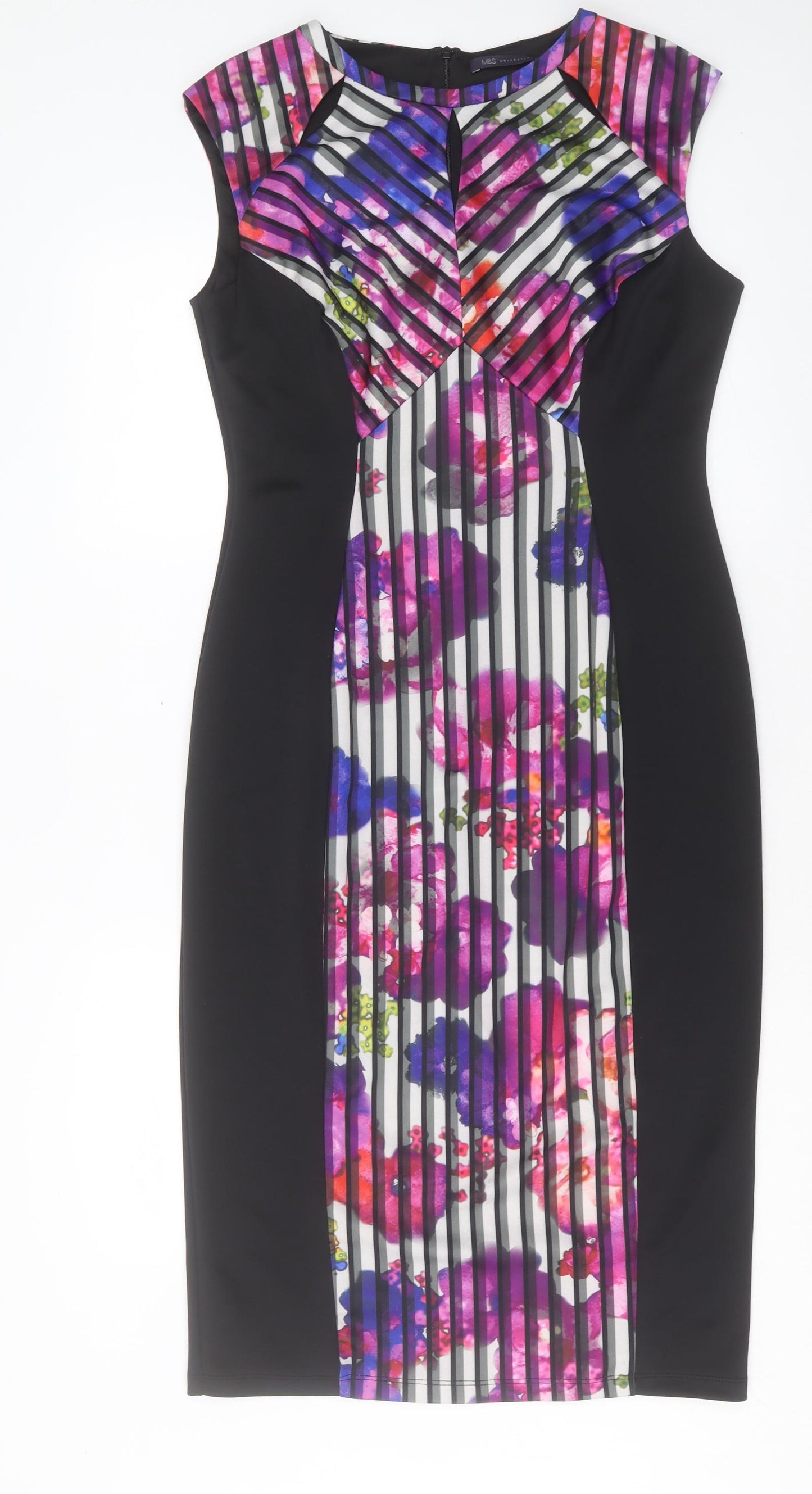 Marks and Spencer Womens Purple Geometric Polyester Sheath Size 14 Boat Neck Zip