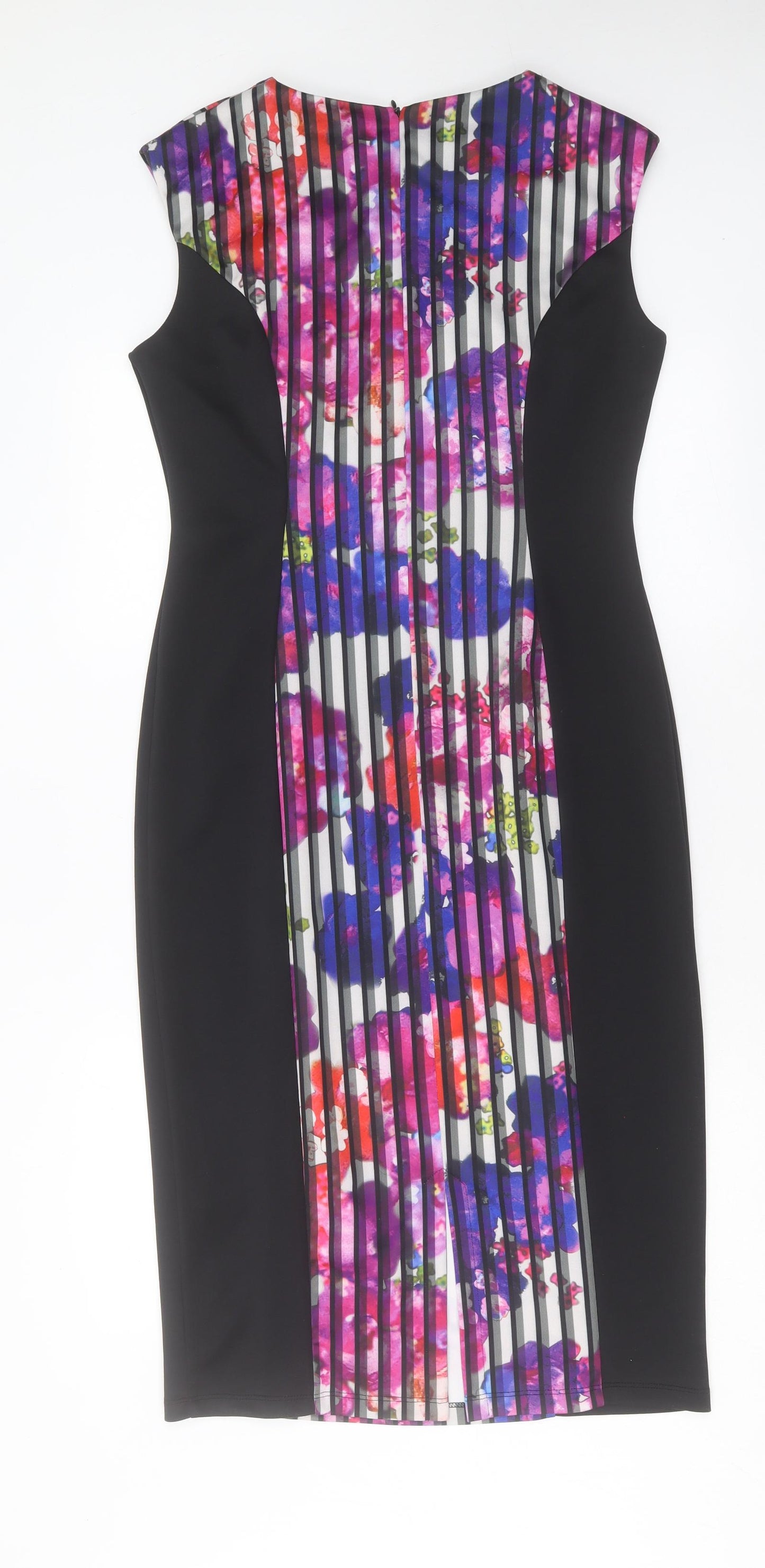 Marks and Spencer Womens Purple Geometric Polyester Sheath Size 14 Boat Neck Zip