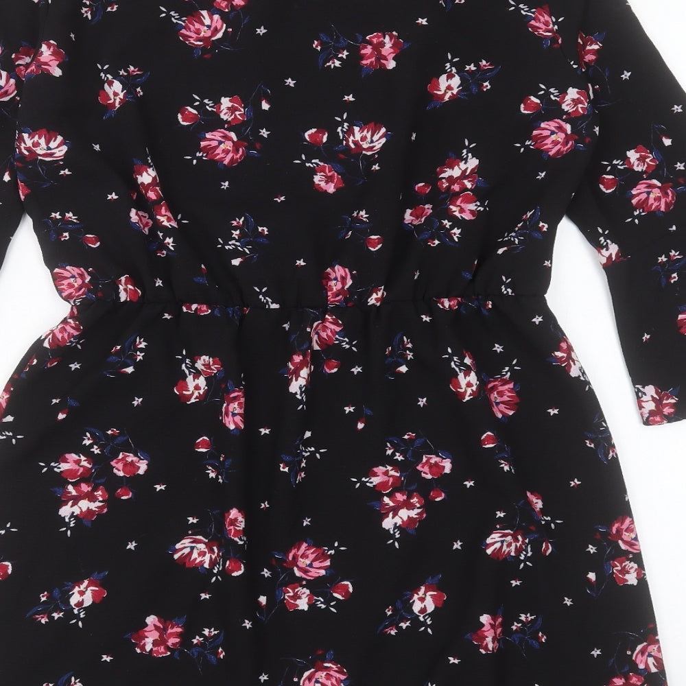 H&M Womens Black Floral Polyester A-Line Size 12 Boat Neck Button