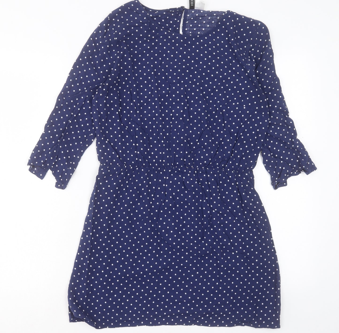 H&M Womens Blue Polka Dot Viscose A-Line Size 14 Boat Neck Button