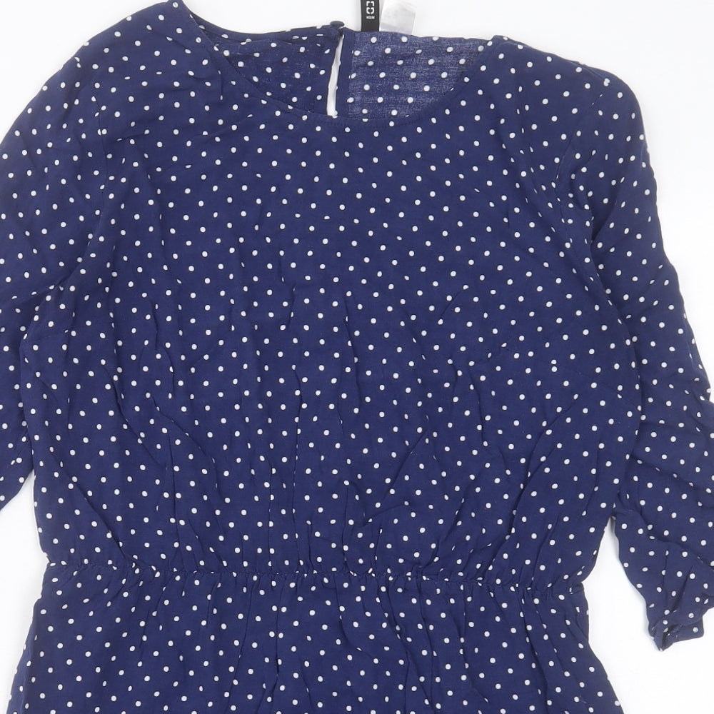 H&M Womens Blue Polka Dot Viscose A-Line Size 14 Boat Neck Button