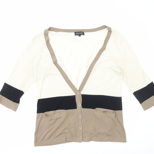 Episode Womens Brown V-Neck Striped 100% Cotton Cardigan Jumper Size L