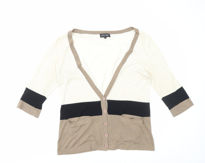 Episode Womens Brown V-Neck Striped 100% Cotton Cardigan Jumper Size L