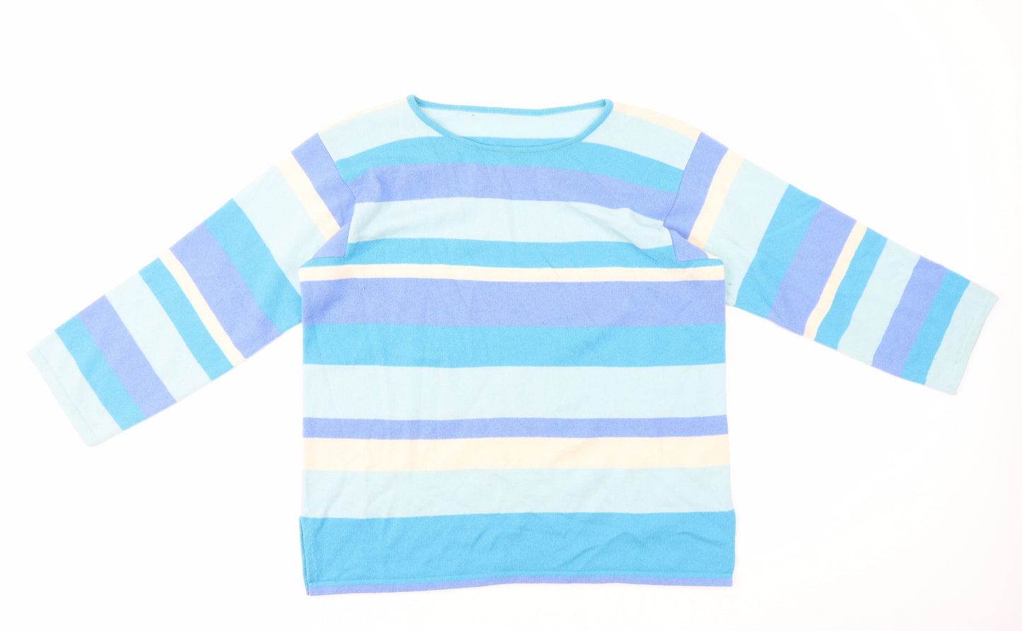 Preworn Womens Blue Striped Polyester Basic T-Shirt Size M Scoop Neck