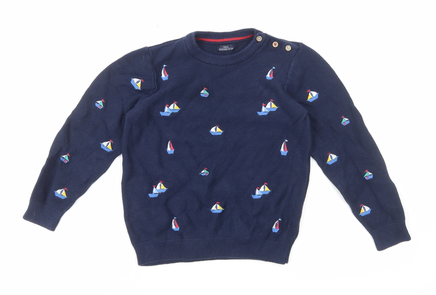 NEXT Boys Blue Round Neck Geometric 100% Cotton Pullover Jumper Size 5-6 Years Pullover - Boat Embroidery