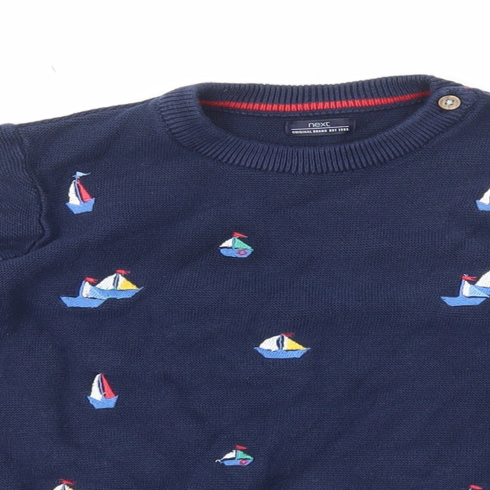 NEXT Boys Blue Round Neck Geometric 100% Cotton Pullover Jumper Size 5-6 Years Pullover - Boat Embroidery