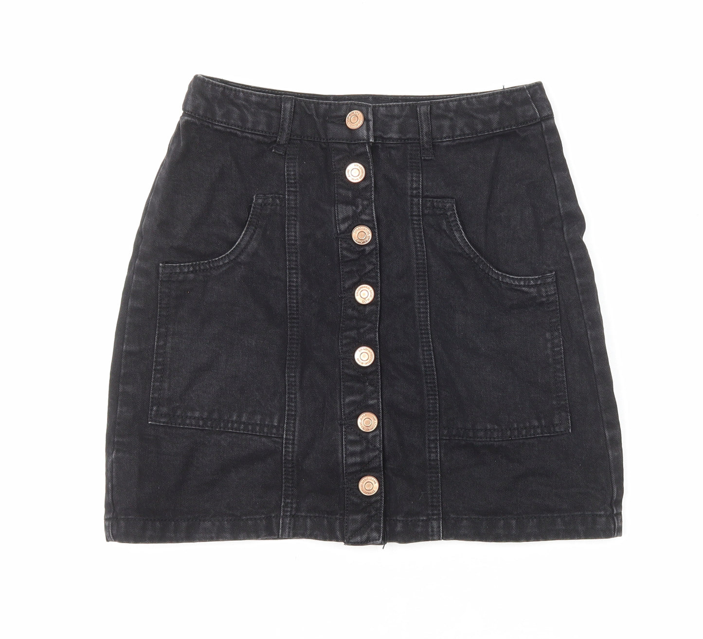 Stradivarius Womens Black Cotton Mini Skirt Size 6 Button