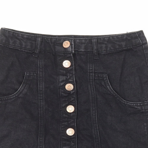 Stradivarius Womens Black Cotton Mini Skirt Size 6 Button