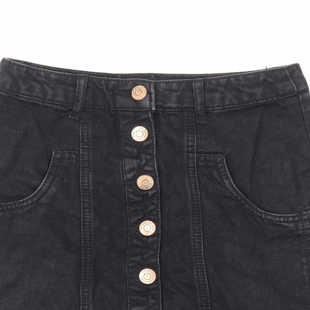 Stradivarius Womens Black Cotton Mini Skirt Size 6 Button
