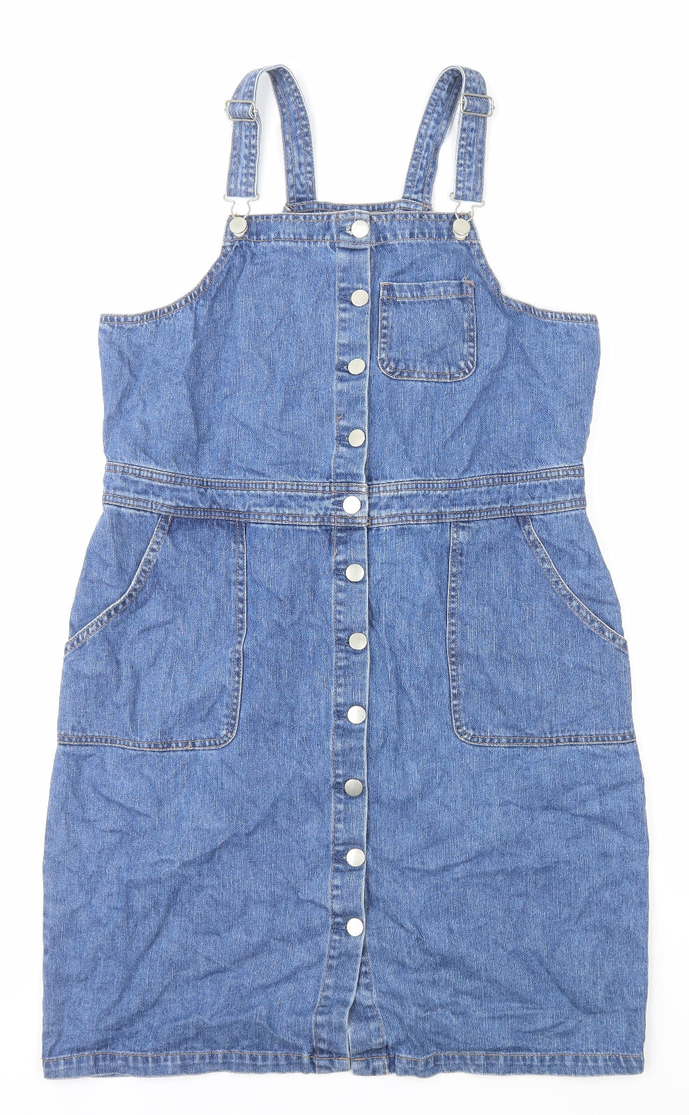 Dorothy Perkins Womens Blue Cotton Pinafore/Dungaree Dress Size 16 Square Neck Button