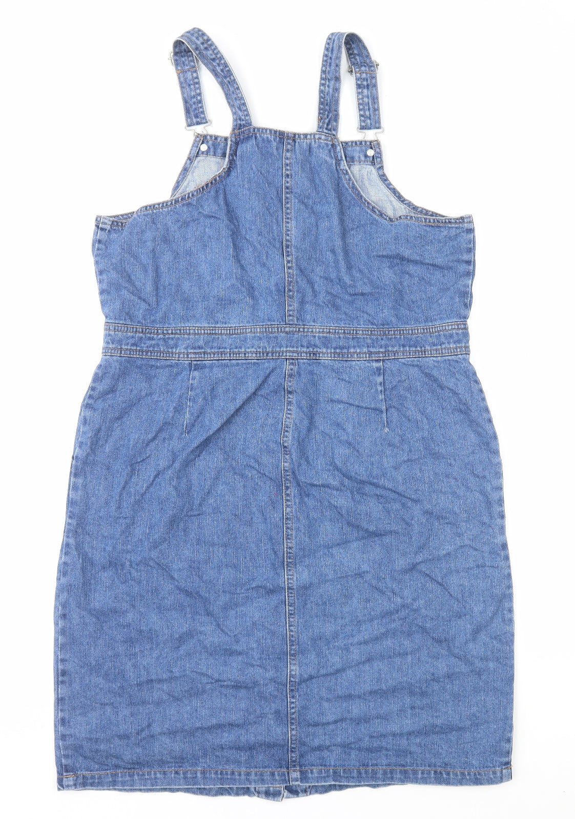 Dorothy Perkins Womens Blue Cotton Pinafore/Dungaree Dress Size 16 Square Neck Button