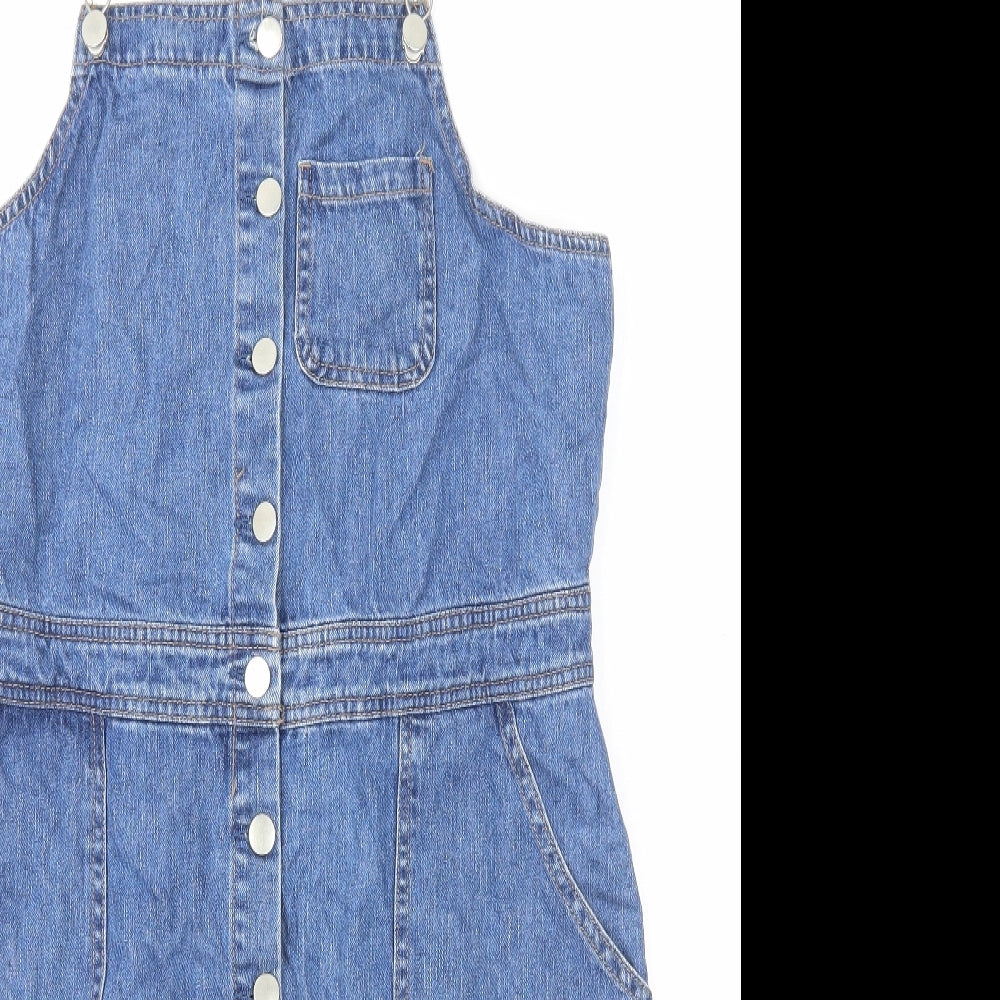 Dorothy Perkins Womens Blue Cotton Pinafore/Dungaree Dress Size 16 Square Neck Button