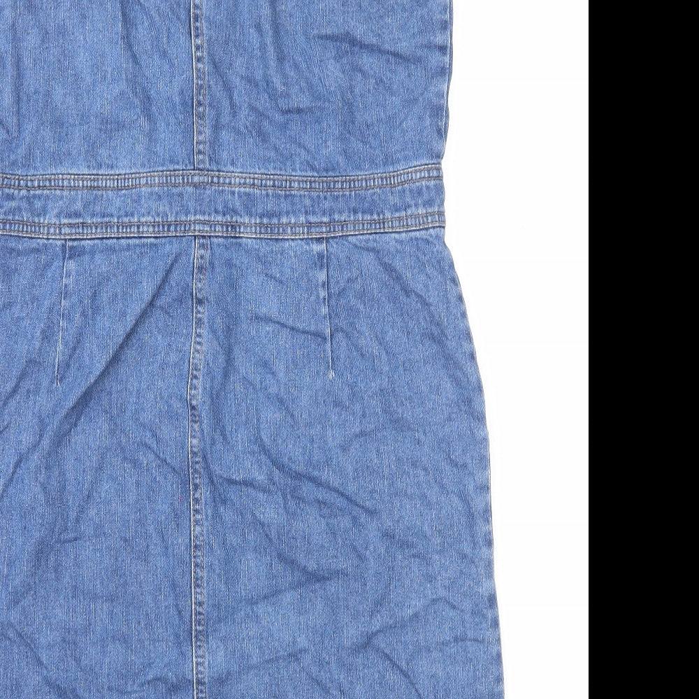 Dorothy Perkins Womens Blue Cotton Pinafore/Dungaree Dress Size 16 Square Neck Button
