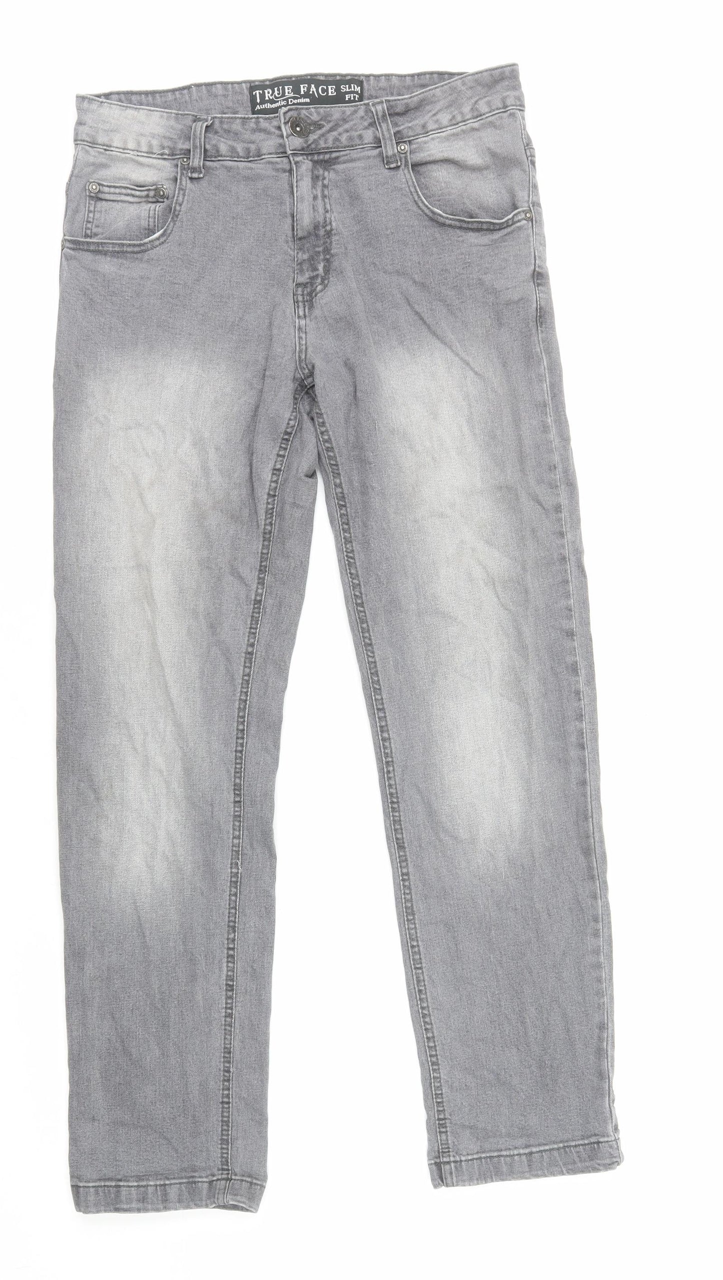 True Face Mens Grey Cotton Straight Jeans Size L L30 in Slim Zip