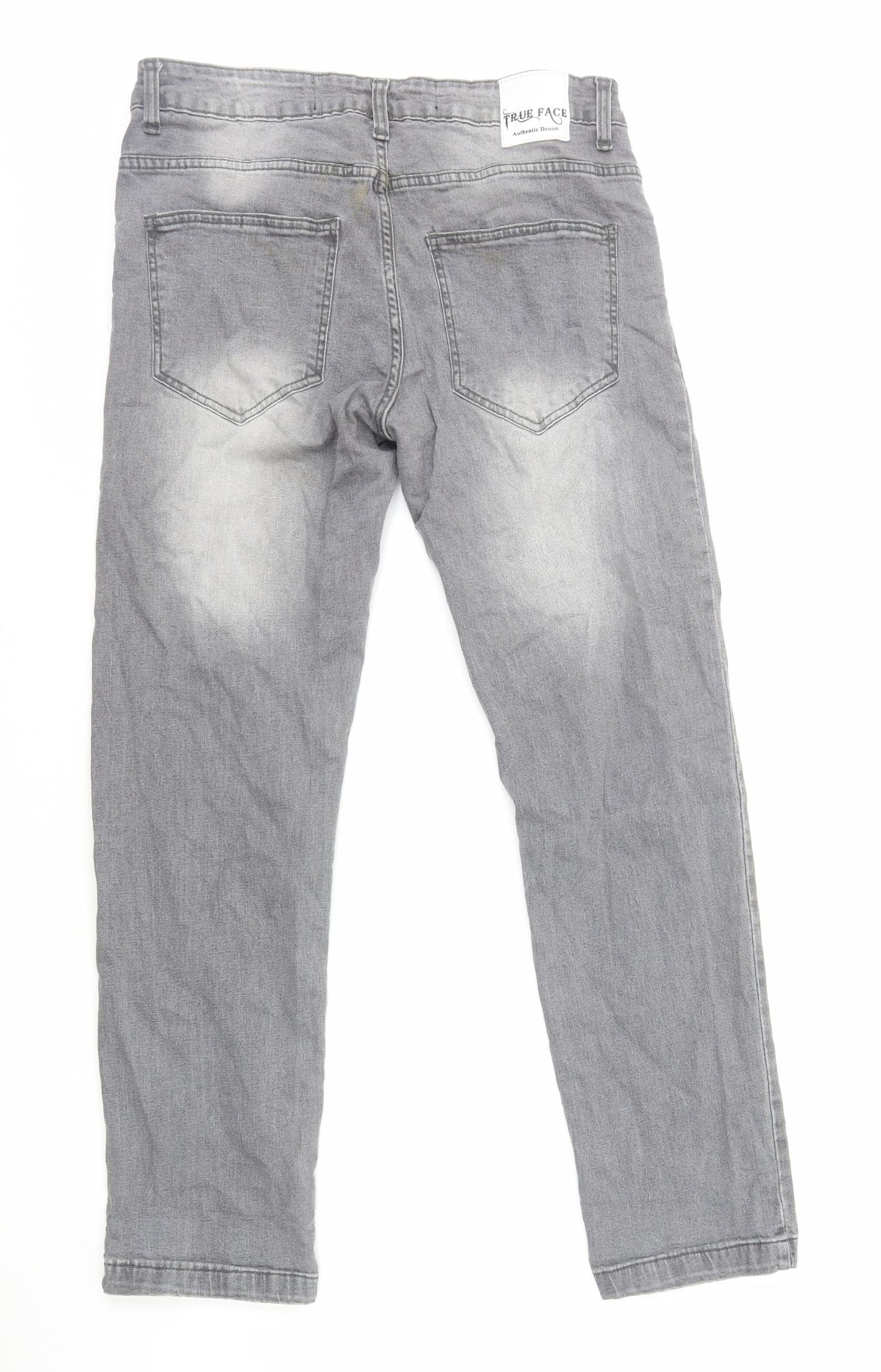 True Face Mens Grey Cotton Straight Jeans Size L L30 in Slim Zip