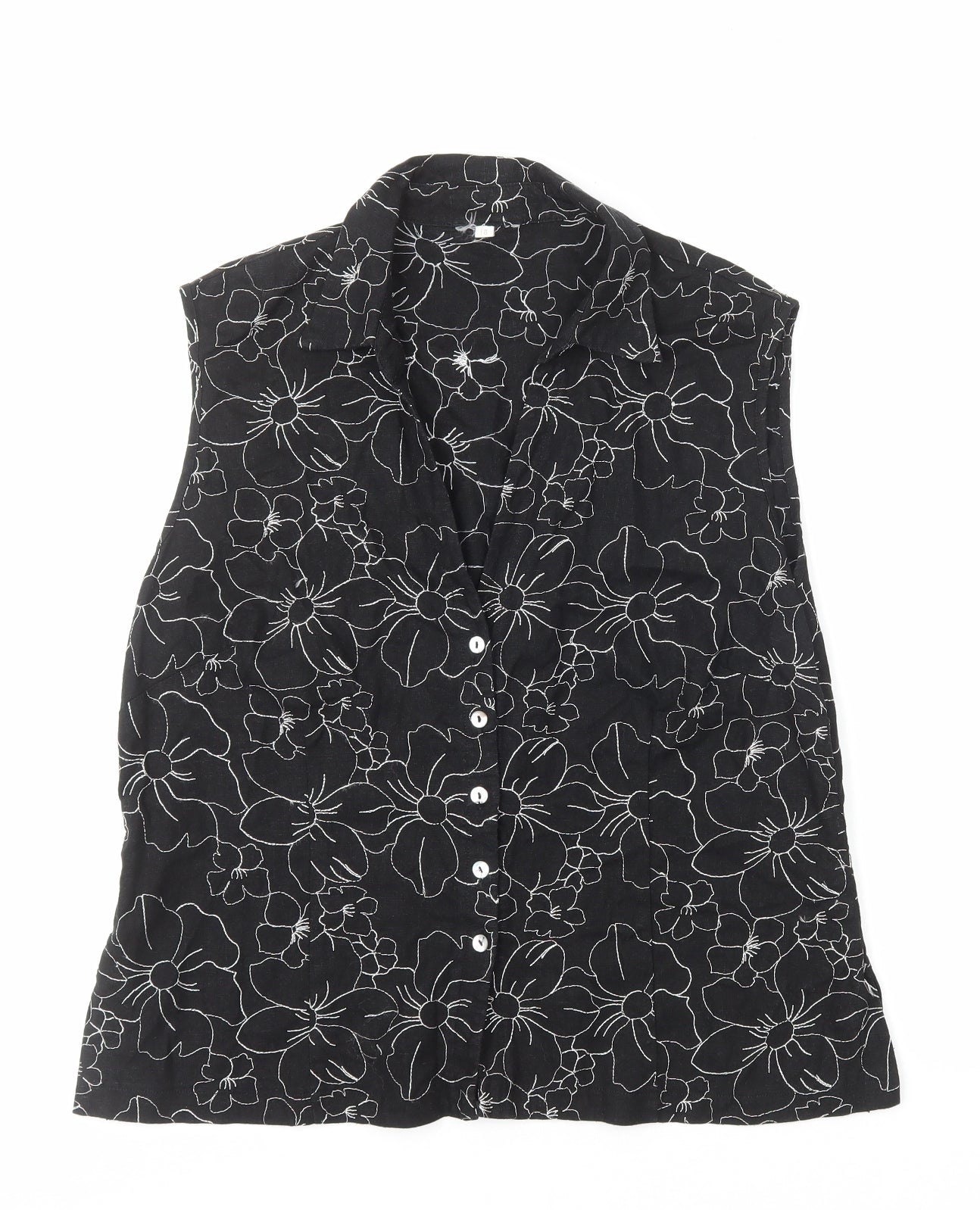 Preworn Womens Black Floral Linen Basic Button-Up Size 18 Collared