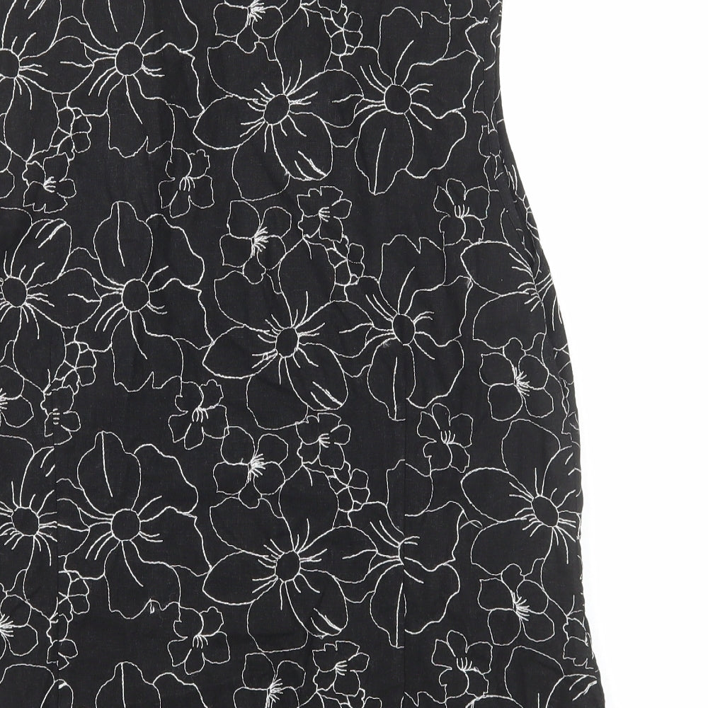 Preworn Womens Black Floral Linen Basic Button-Up Size 18 Collared