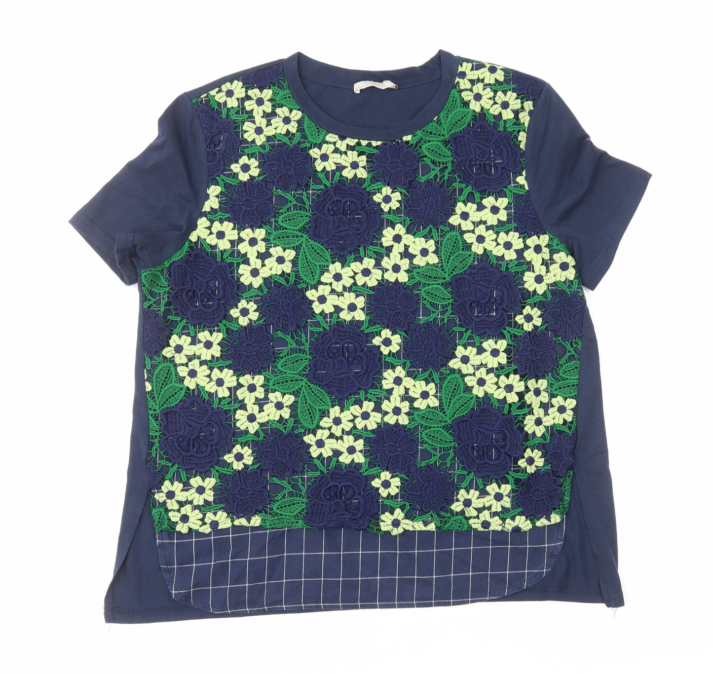 Zara Womens Blue Geometric Polyester Basic T-Shirt Size M Round Neck