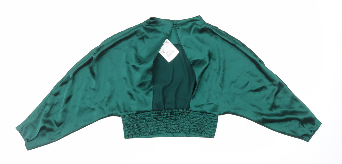 Zara Womens Green Polyester Cropped Blouse Size S Mock Neck