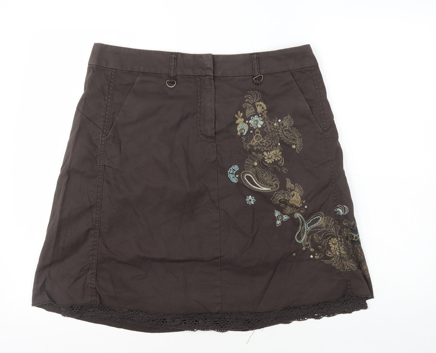 Mexx Womens Brown Geometric Cotton A-Line Skirt Size 16 Zip