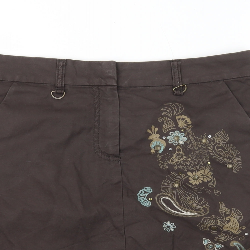 Mexx Womens Brown Geometric Cotton A-Line Skirt Size 16 Zip