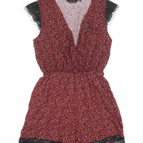 New Look Womens Red Floral Viscose Playsuit One-Piece Size 8 Pullover - Lace Trim