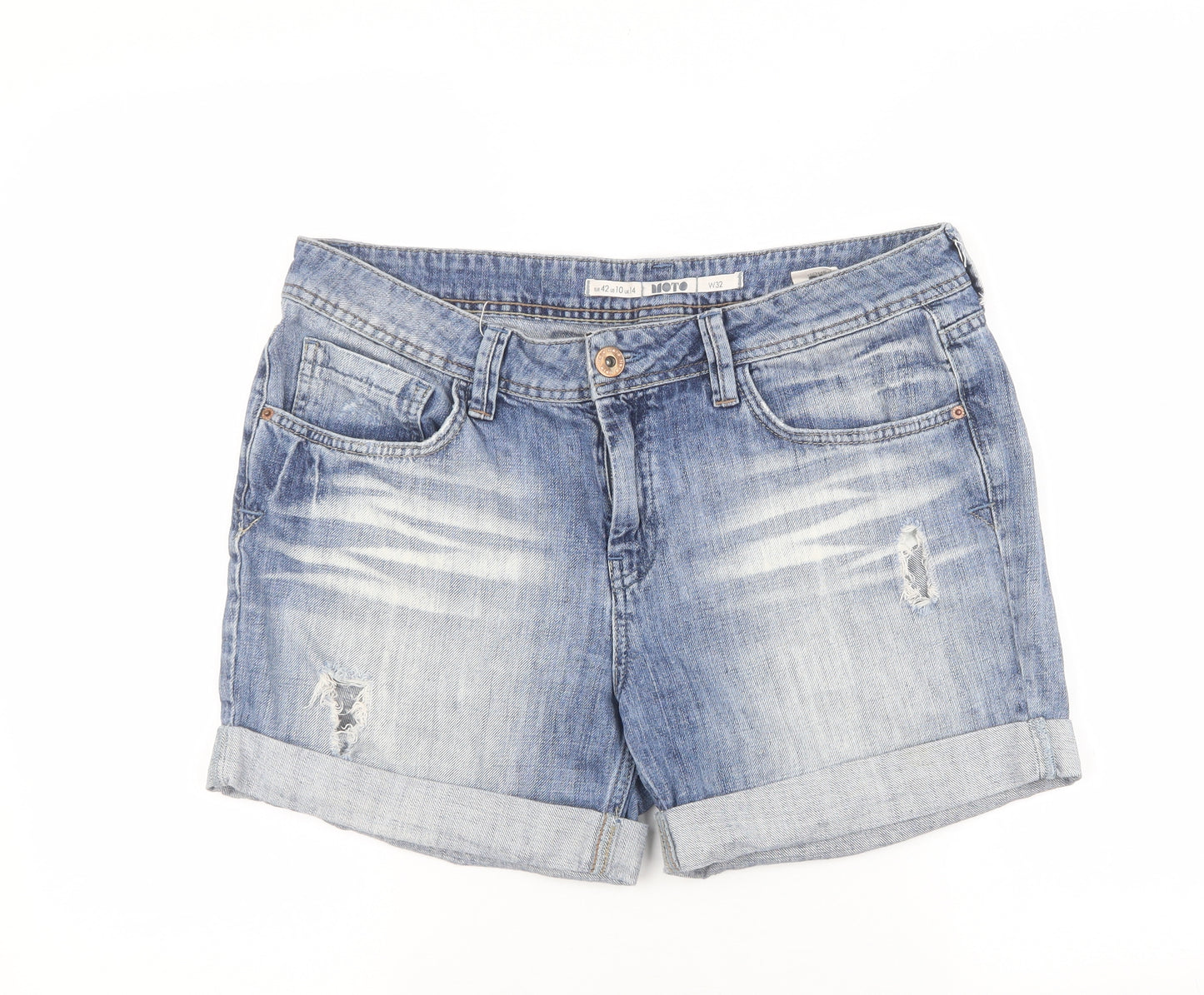 Topshop Womens Blue 100% Cotton Mom Shorts Size 14 L11 in Regular Zip - Distressed look
