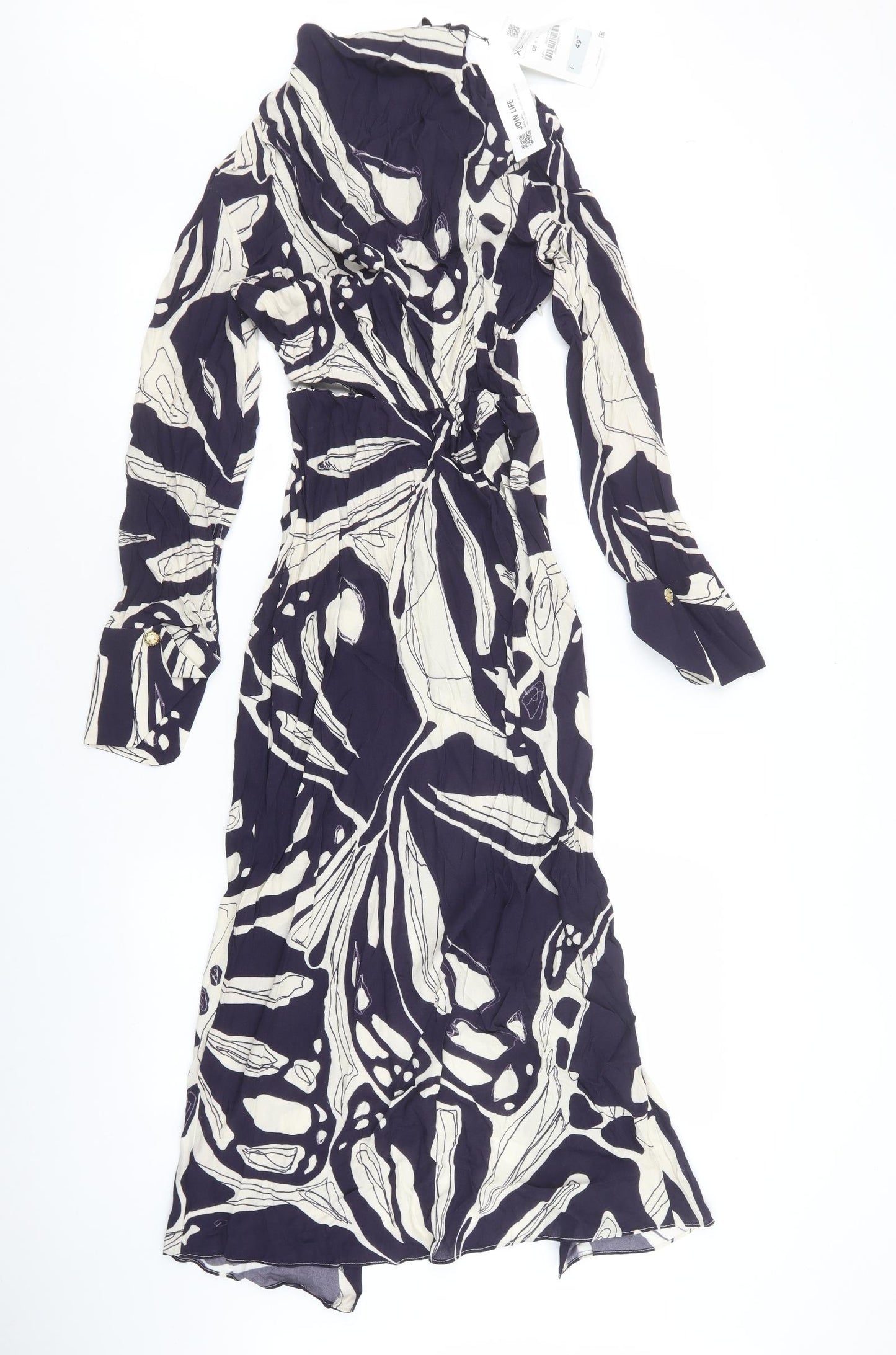 Zara Womens Blue Geometric Viscose Maxi Size XS High Neck Zip