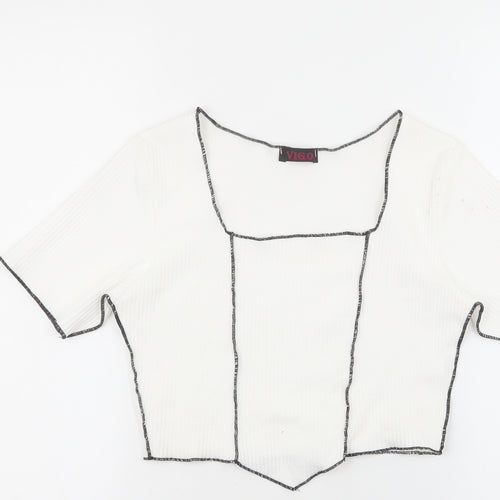 Vigo Womens White Geometric Polyester Basic T-Shirt Size 10 Square Neck - Black stitching