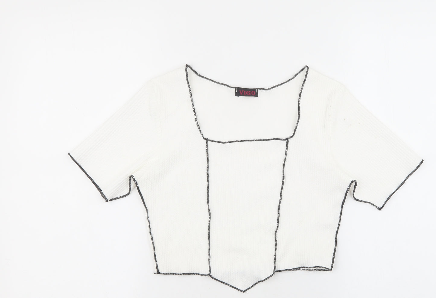 Vigo Womens White Geometric Polyester Basic T-Shirt Size 10 Square Neck - Black stitching