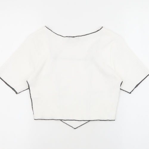 Vigo Womens White Geometric Polyester Basic T-Shirt Size 10 Square Neck - Black stitching