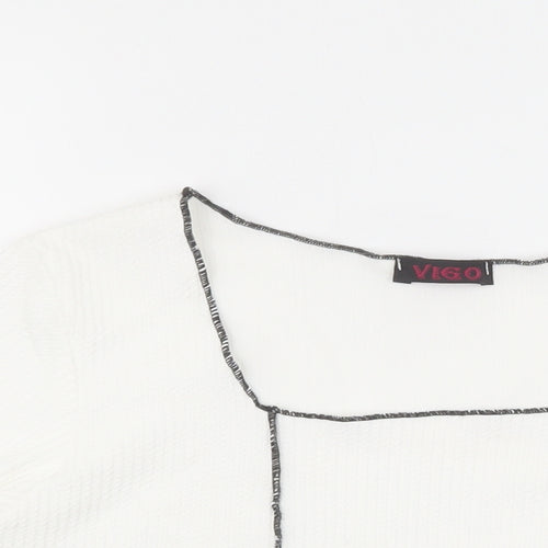 Vigo Womens White Geometric Polyester Basic T-Shirt Size 10 Square Neck - Black stitching