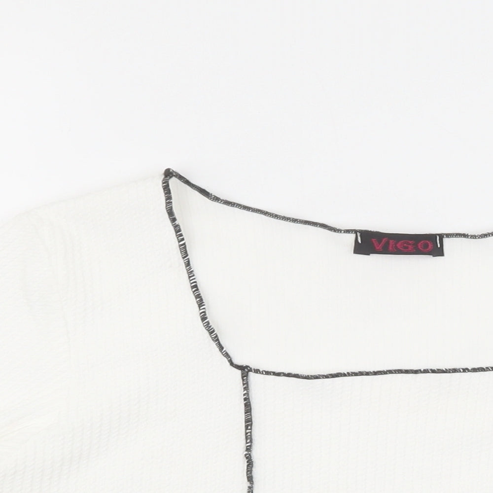 Vigo Womens White Geometric Polyester Basic T-Shirt Size 10 Square Neck - Black stitching
