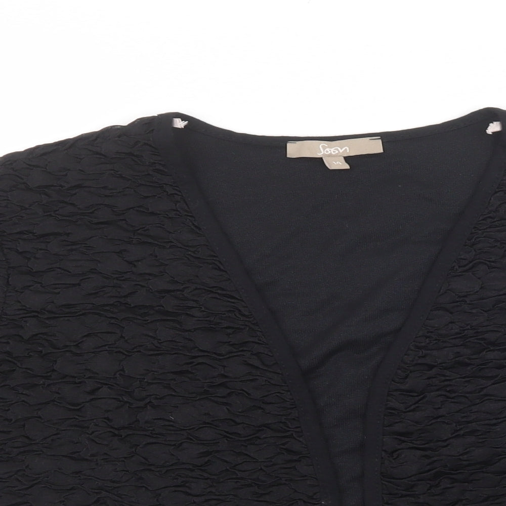 Soon Womens Black V-Neck Geometric Polyester Cardigan Jumper Size 14 - Open front