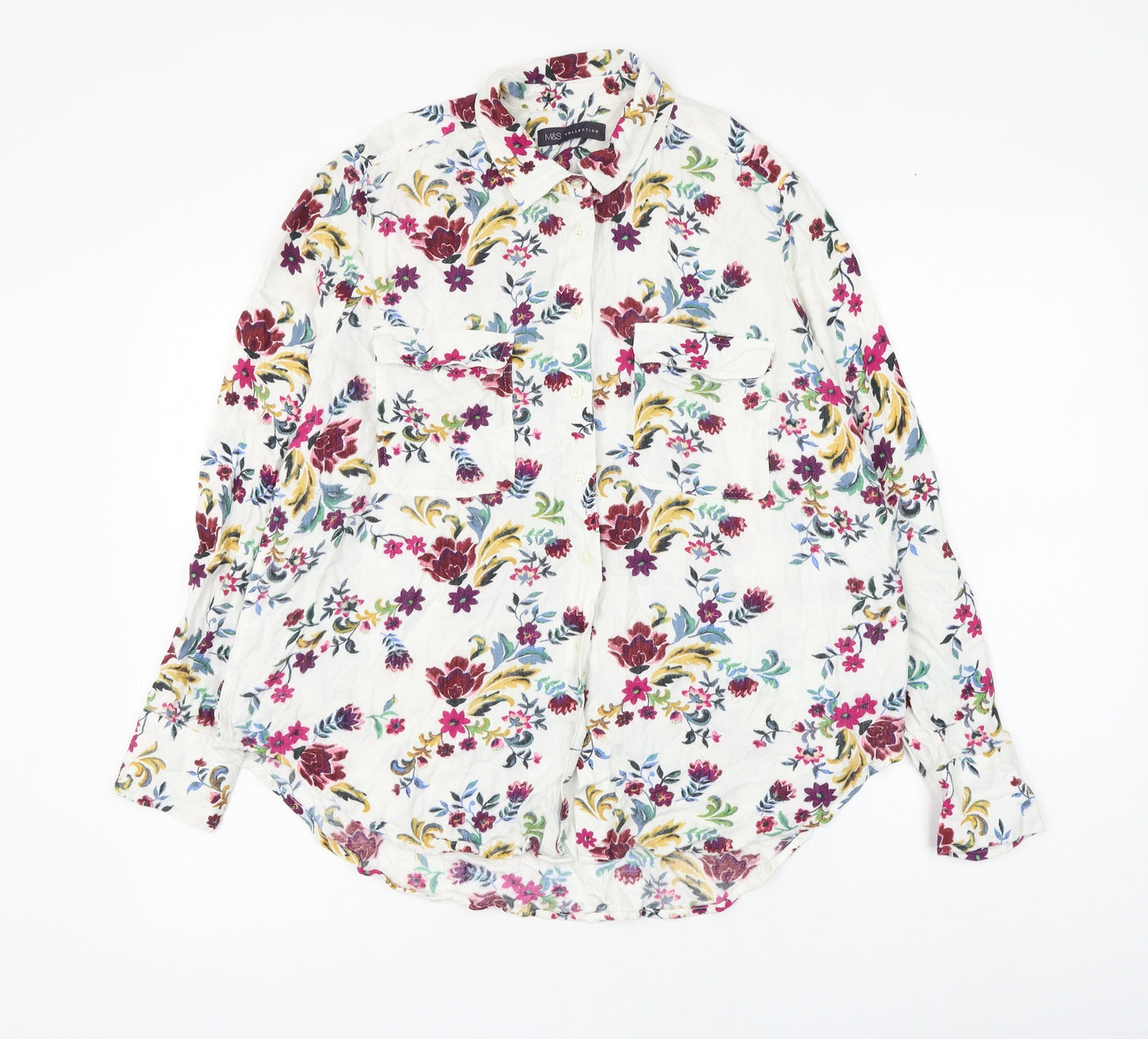 Marks and Spencer Womens White Floral Viscose Basic Button-Up Size 14 Collared
