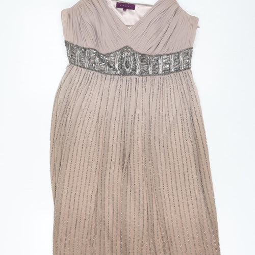 Debut Womens Beige Striped Polyester Shift Size 12 V-Neck Zip