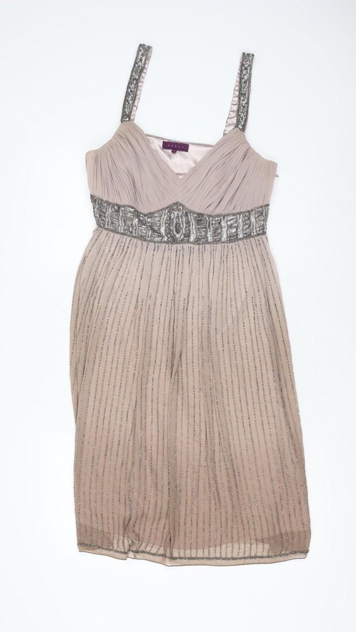 Debut Womens Beige Striped Polyester Shift Size 12 V-Neck Zip