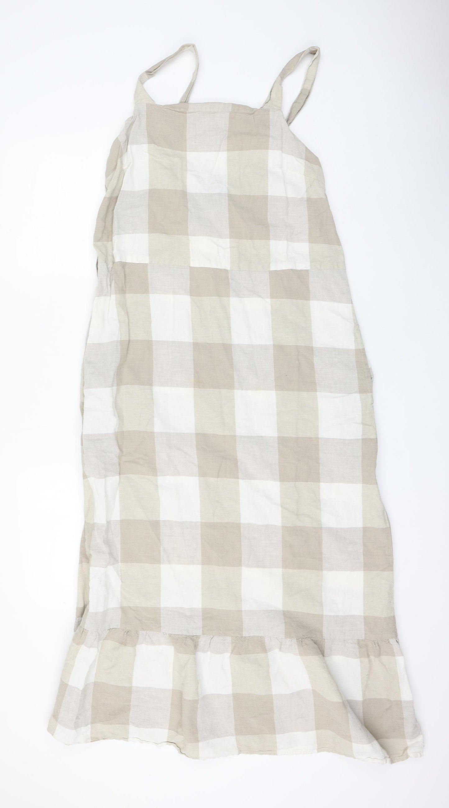 NEXT Womens Beige Check Linen Shift Size 14 Square Neck Pullover
