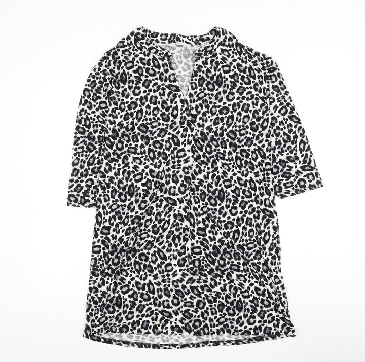 TU Womens White Animal Print Viscose Shift Size 10 V-Neck Pullover - Leopard Print